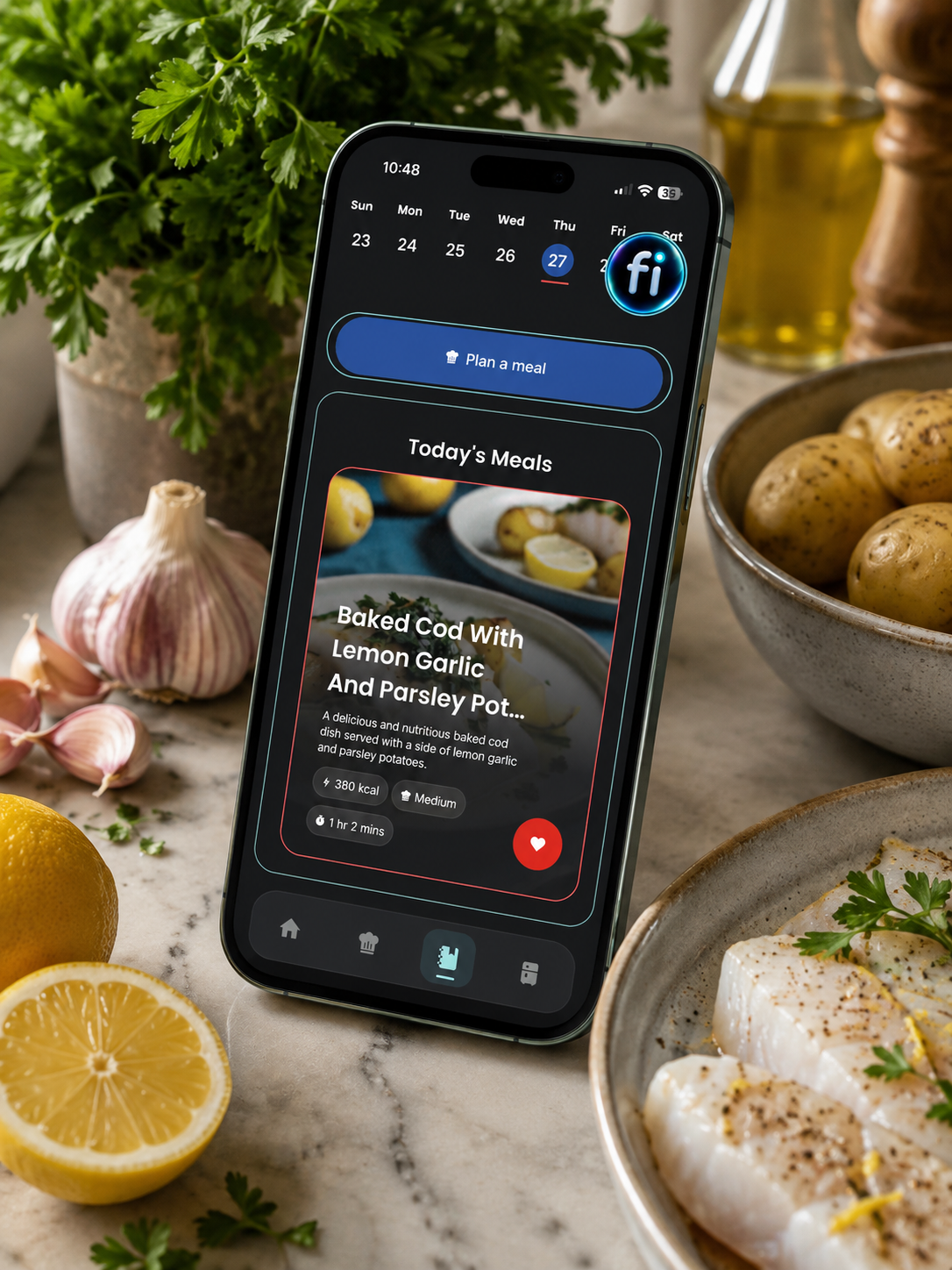 Fuudle Meal Planner shown on an iPhone 17 in a kitchen